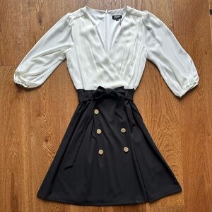 DKNY Black & White Wrap-Style Dress with Gold Button Detail, size 6